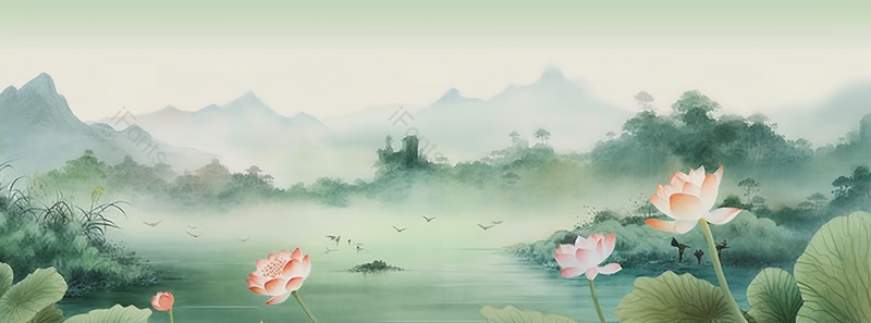 夏天中国风水墨荷花池风景山水画手绘背景,插画/手绘图,插画/手绘图库,插画/手绘图下载,插画/手绘